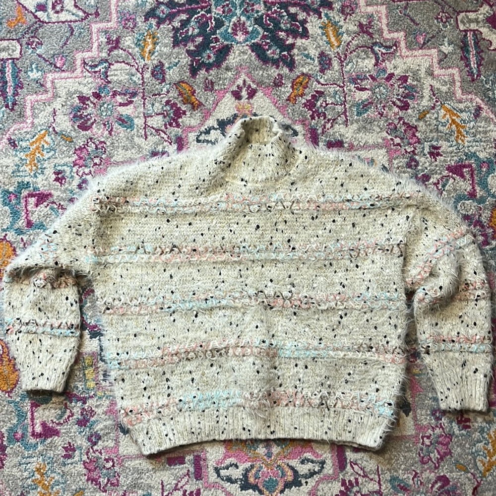 White furry Knit Turtleneck Sweater with Blue Pink and Gold Accents Size L